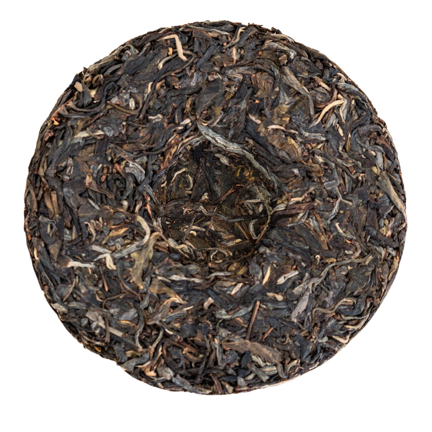 Macro top-down view of compressed Bingdao Lao Zhai ancient tea leaves