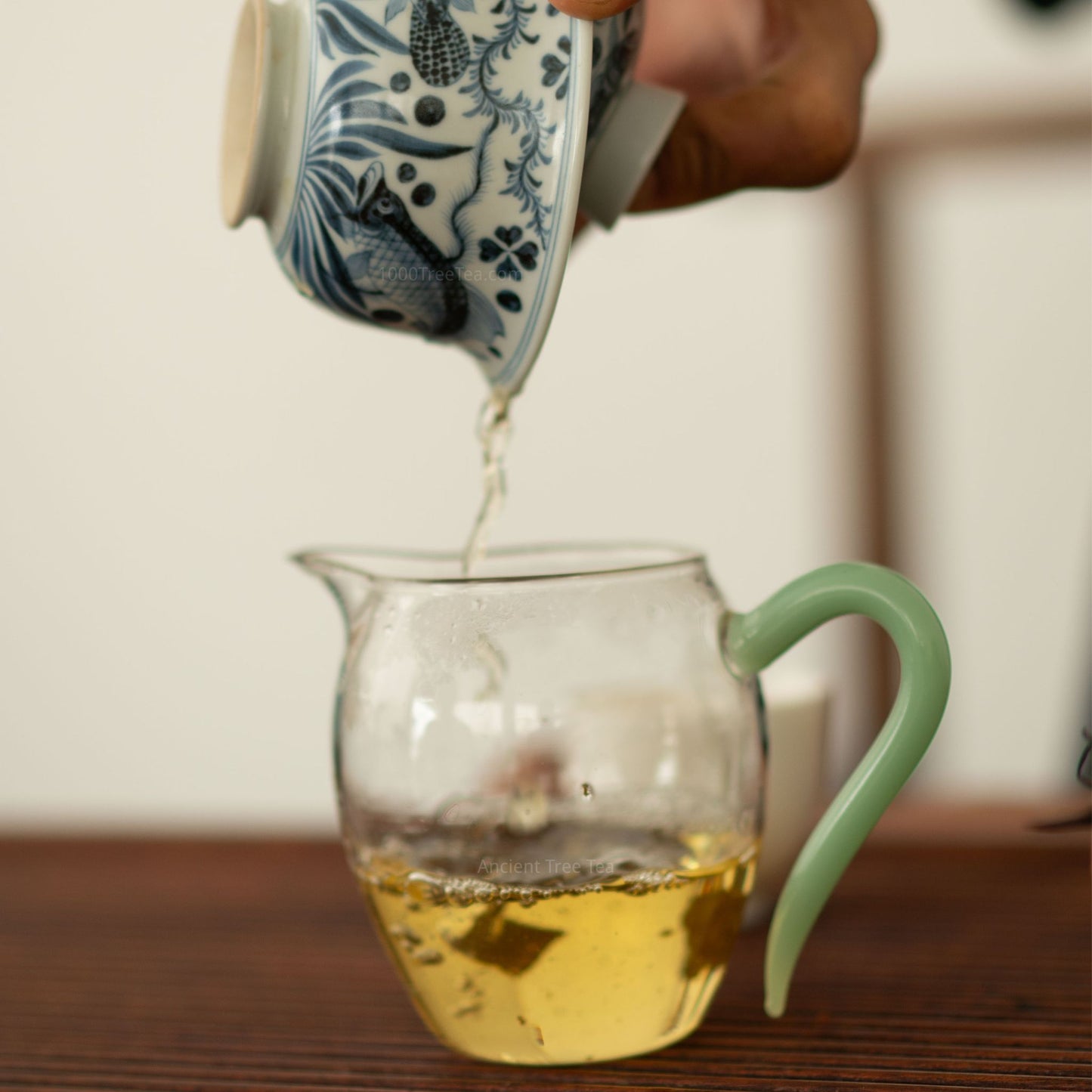 Pouring Bingdao Lao Zhai raw Pu'er into a glass pitcher